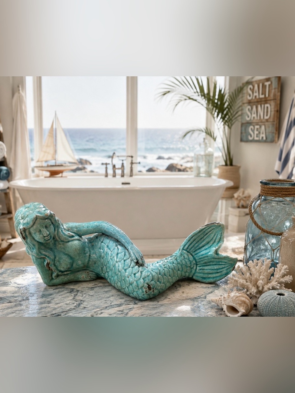 Glossy Blue Green Ceramic Mermaid Statue W/ Distressed Antique Finish 13.5"